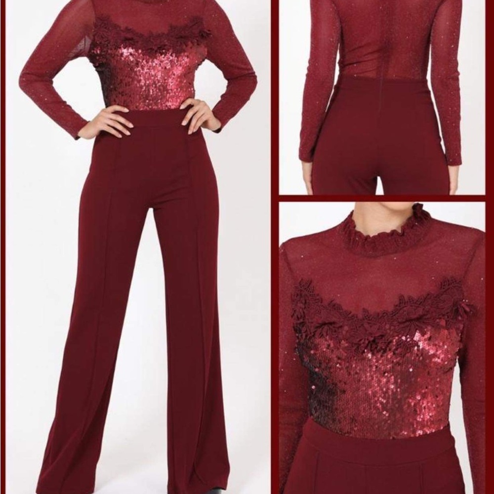 Elegant Burgundy Sequin Jumpsuit